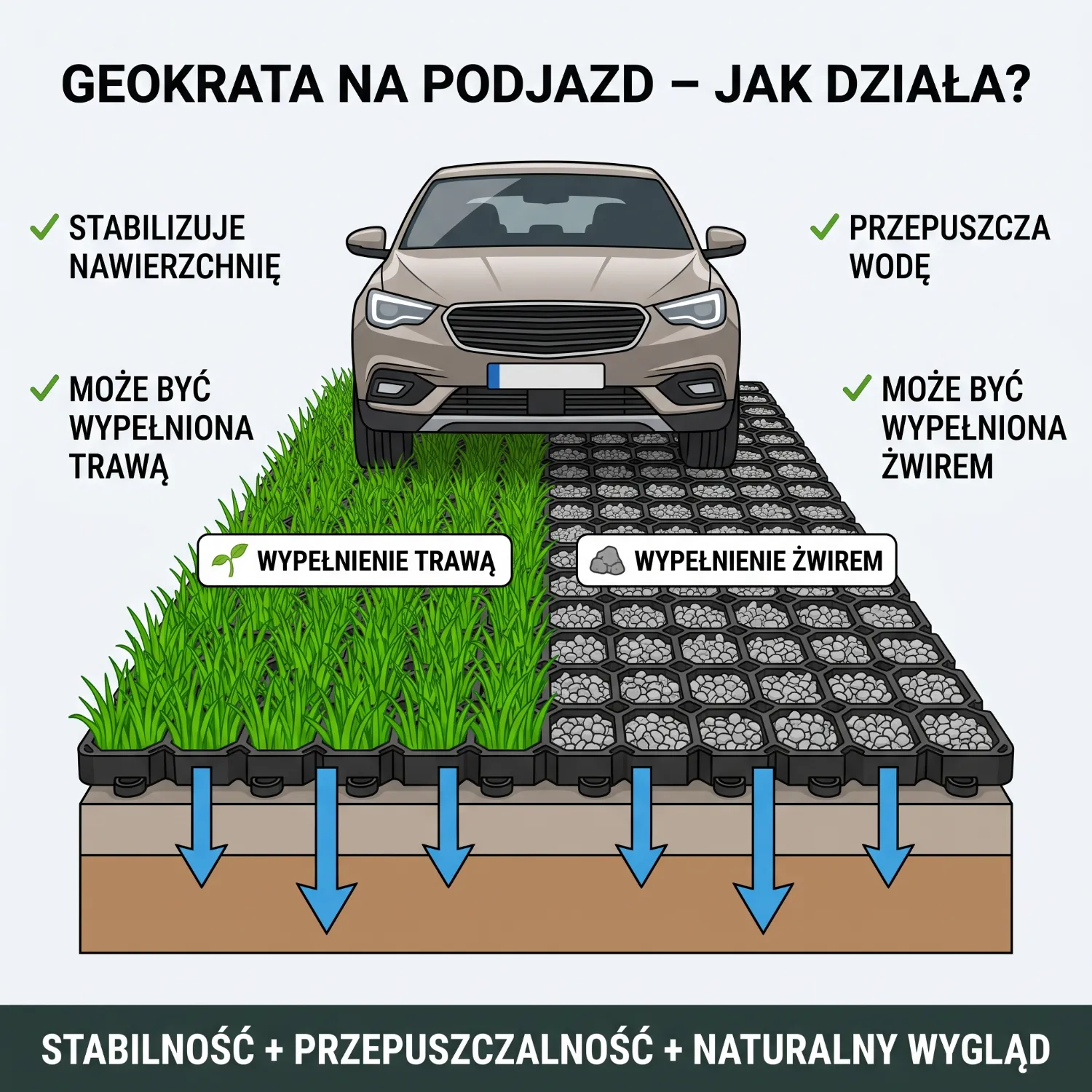 Zielony podjazd z modułami kratki trawnikowej wypełnionymi trawą przy domu jednorodzinnym.